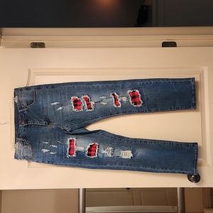 Women's jeans red black patches